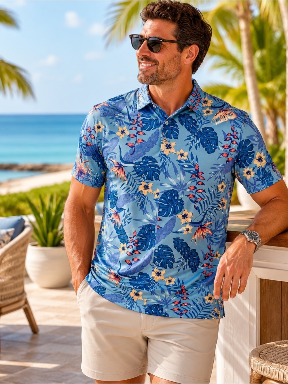 Three Sixty Six Cabana Blue Tropical Floral Performance Polo Shirt Medium NIP